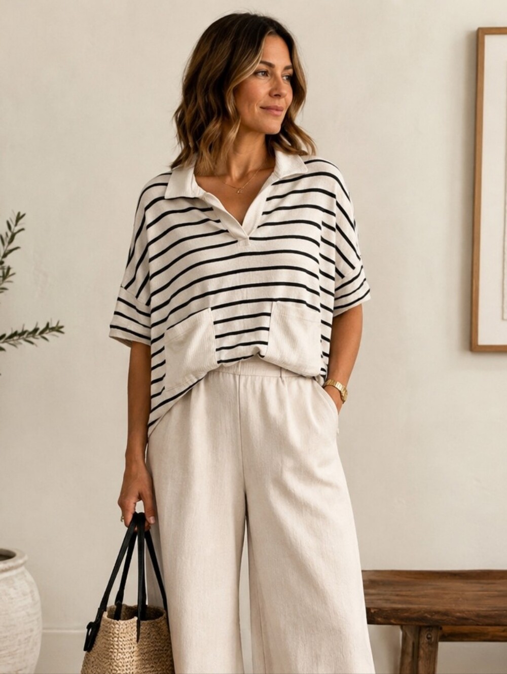 Ces Femme Striped Oversized Collared Top Boxy Fit Runs Large Nautical
